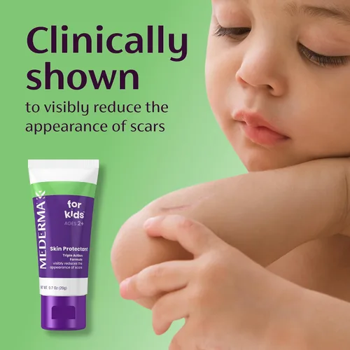 Vista 7 de Mederma Gel de cicatrices para niños; reduce la apariencia de cicatrices viejas y nuevas de cortes, quemaduras, cirugía; se pone morado y frota