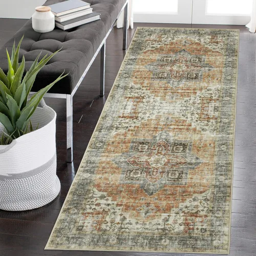 Vista 32 de COZYLOOM Alfombra de área de 2 x 6 pies, tribal, envejecida, para entrada, medallón vintage, alfombra para interiores, alfombra de pelo bajo, suave