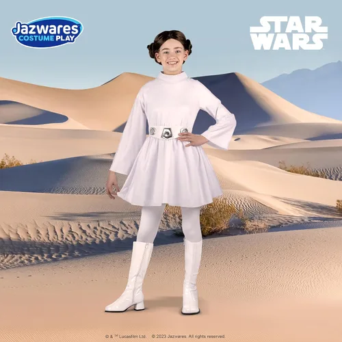 Vista 7 de STAR WARS Princesa Leia - Disfraz oficial de Halloween para jóvenes, vestido con capucha con cinturón y peluca (S) Multi