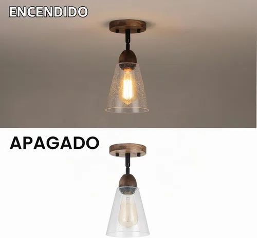 Vista 7 de Lámpara de techo rústica de cristal empotrado, mini pantalla de vidrio transparente y madera de roble, lámpara de techo semiempotrada para cocina