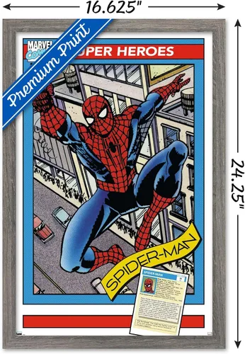 Vista 3 de Trends International Marvel Trading Cards - Póster de pared de Spider-Man, 14.725 x 22.375 pulgadas, versión enmarcada de madera de granero