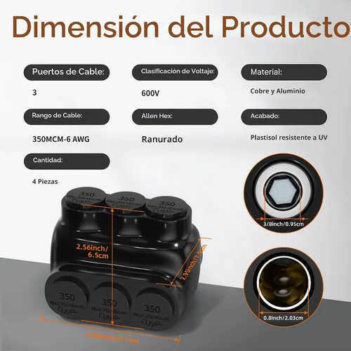 Vista 2 de Joinfworld Conector Multi-Tap Aislado de 3 Puertos Conectores de Cable Calibre 350MCM-6 Conectores de Cable de Aluminio a Cobre Conectores