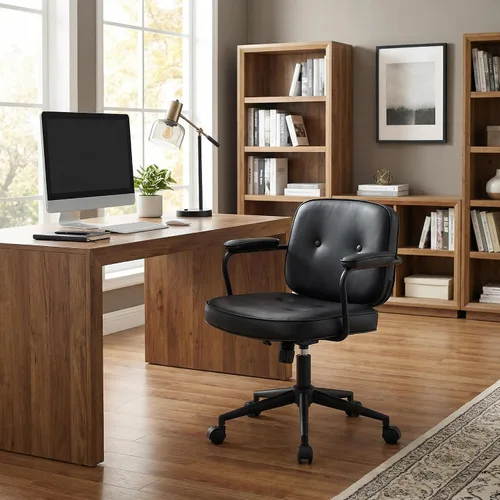 Vista 9 de LukeAlon Silla de escritorio ajustable de piel sintética, silla giratoria de 360° negra con reposabrazos, asiento grueso, botones y ruedas