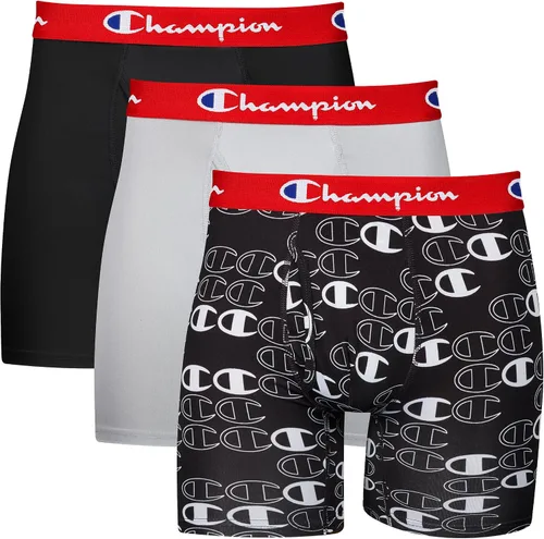 Vista 6 de Champion Calzoncillos tipo bóxer elásticos ligeros para hombre, paquete de 3 unidades Negro con logotipo de escritura/cian eléctrico/escarlata