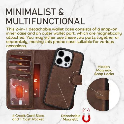 Vista 3 de Bayelon Funda tipo cartera para iPhone 15 Pro, cartera de cuero de grano completo, funda magnética desmontable, tarjetero, funda tipo cartera