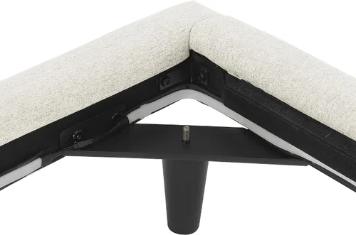 Vista 7 de Cama de plataforma flotante, marco de cama de madera tamaño individual con rayas claras, tela de lino suave y cabecera de diseño capitoné