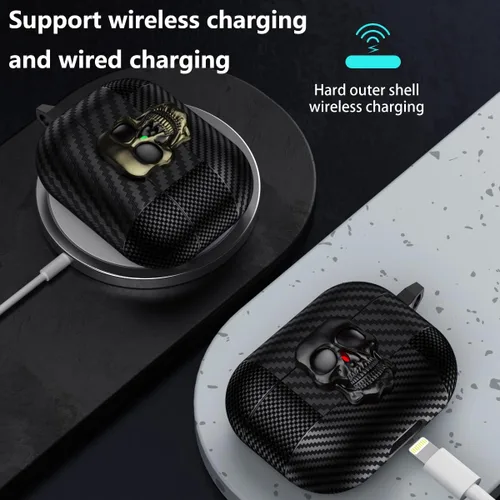 Vista 4 de Funda para AirPods Pro de 2ª generación, calavera con cerradura y llavero para hombres, divertida fibra de carbono de cuerpo completo, a prueba