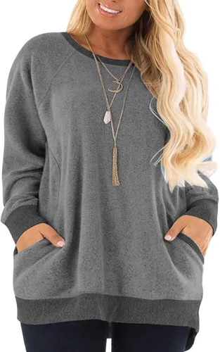 Vista 26 de DOLNINE Sudaderas de talla grande para mujer, con bloques de color, manga larga, con bolsillo 01_ negro