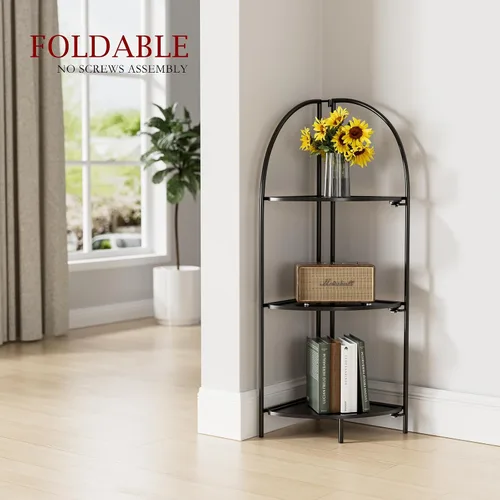 Vista 2 de Crofy Estante esquinero plegable de 3 niveles, soporte de esquina de metal para plantas con marco negro y estantes negros, estante de exhibición