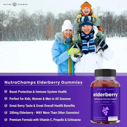 Vista 3 de NutraChamps Gomitas de saúco con vitamina C, propóleo y equinácea, vitaminas gomosas de apoyo del sistema inmunológico para adultos y niños, fuerza