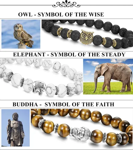 Vista 4 de FINREZIO Juego de 6 pulseras de cuentas para hombre con dije de dragón león y pantera pulsera de piedra natural 0315in
