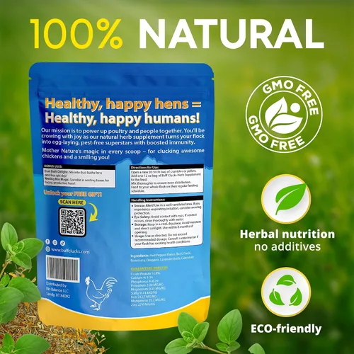 Vista 2 de Buff Clucks Suplemento de Hierbas para Pollos de Traspatio - Golosinas Naturales para Pollos, Mezcla Botánica de Alimento para Aves de Corral