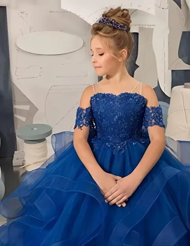 Vista 3 de MGHDZL Vestido de tul para niña, con apliques, vestidos de desfile para niñas, vestidos de niña de flores para boda, vestido de fiesta de princesa