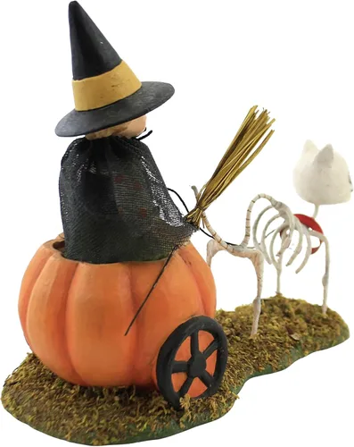 Vista 3 de Bethany Lowe Figura de Halloween con texto en inglés "Skelly's Pumpkin Carriage Ride