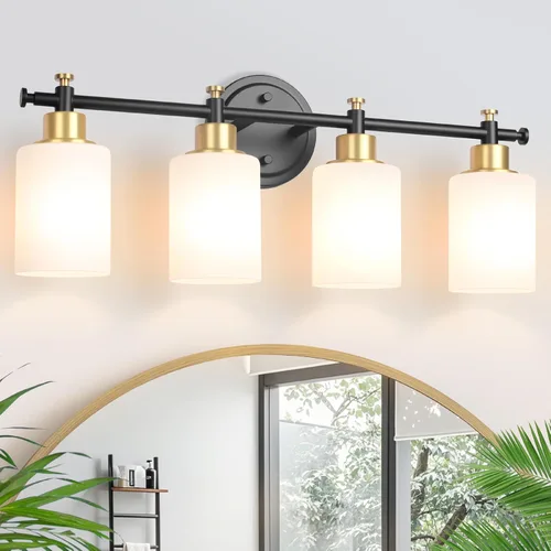 Vista 13 de Lámparas de baño negras de 3 luces, modernas luces de tocador sobre el espejo, apliques de pared de baño con pantalla de vidrio blanco, enchufe E26