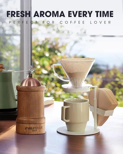 Vista 8 de POLIVIAR - Molinillo de café manual, molinillo de granos de café con rebabas de cerámica ajustables, molinillo de café de mano de madera