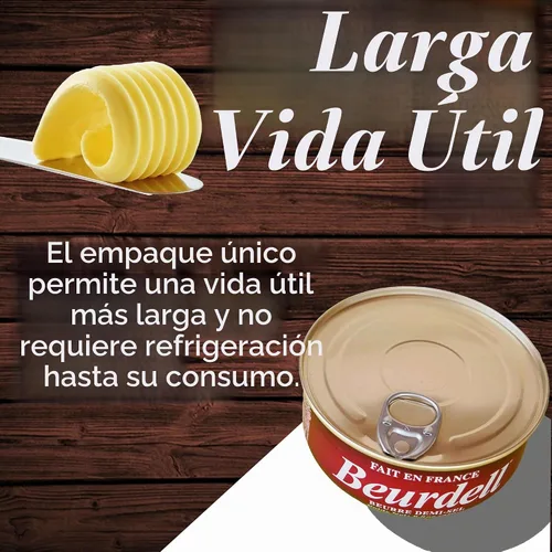 Vista 5 de Beurdell Mantequilla francesa salada real enlatada 100% natural pasteurizada, una verdadera mantequilla de Francia, ideal para preparación