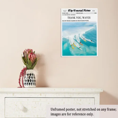 Vista 5 de The Coastal News Surf Culture - Póster de lienzo estilo periódico, póster impreso con ondas de agradecimiento y surf en el océano, póster moderno