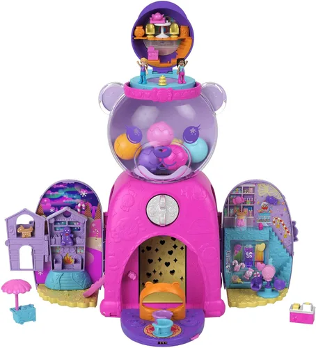 Vista 3 de Polly Pocket Juguete de viaje, juego de oso de chicles con 2 micro muñecas y 26 accesorios sorpresa, juguete de animal compacto