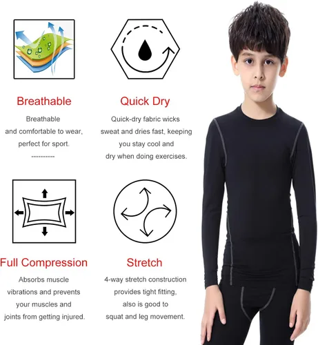 Vista 4 de Paquete de 1 o 3 camisetas de compresión para niños y jóvenes, camisetas deportivas de manga larga, para entrenamiento de fútbol, capa base