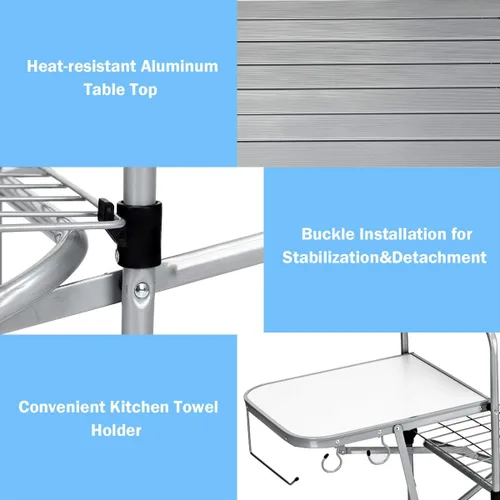 Vista 6 de GYMAX Mesa de campamento plegable de aluminio, mesa de parrilla al aire libre con mesa auxiliar, ganchos y bolsa de transporte, mesa de picnic