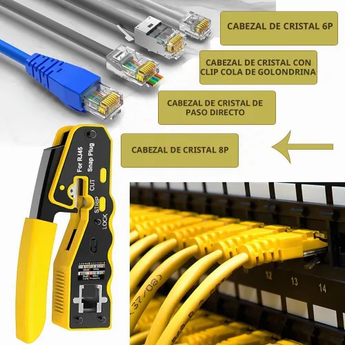 Vista 2 de LEATBUY - Juego de herramientas de crimpado RJ45, crimpadora Cat5 Cat5e Cat6, 50 conectores de paso, 50 cubiertas, probador de cables de red, Naranja