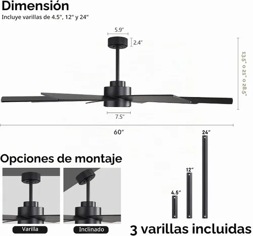 Vista 4 de WINGBO Ventiladores de techo CC grandes de 60 pulgadas sin luces, 3 varillas descendentes, 8 aspas de madera contrachapada, motor CC reversible de 6