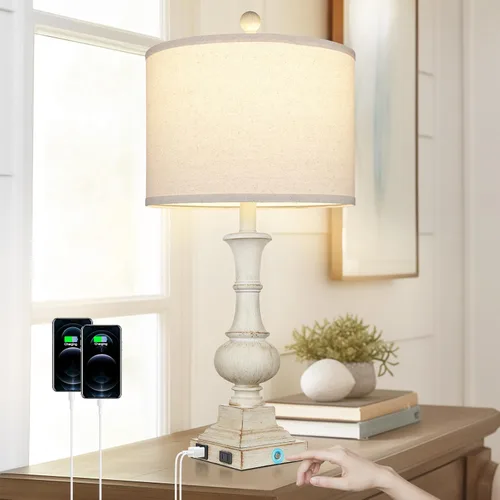 Vista 9 de 26" Farmhouse Table Lamp, Vintage Rustic Touch Control Bedside Lamp with 2 USB Ports & AC Outlet, Boho Resin 3-Way Dimmable Nightstand Lamp Linen