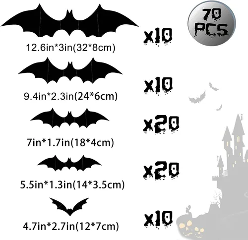 Vista 5 de Decoración de pared de murciélagos 3D de Halloween, 70 unidades, 5 tamaños diferentes, color negro mate, reutilizables, de PVC, calcomanías