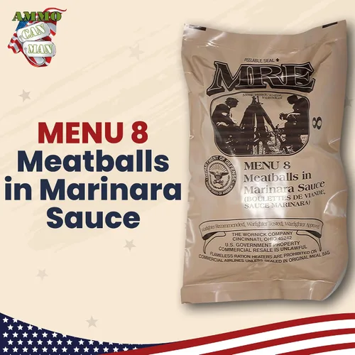 Vista 2 de MREs (Comidas listas para comer) genuino excedente militar de Estados Unidos sabores variados