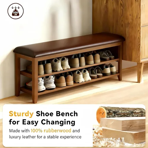 Vista 5 de Banco de almacenamiento de zapatos de madera con cojín de cuero, marrón oscuro, 39.4 pulgadas Rustic Solid Wood Entryway Bench, Shoe Rack Bench