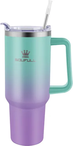 Vista 2 de Vaso de 40 onzas con asa y tapa con popote, taza de café de viaje 100% a prueba de fugas, taza aislada de acero inoxidable para bebidas frías
