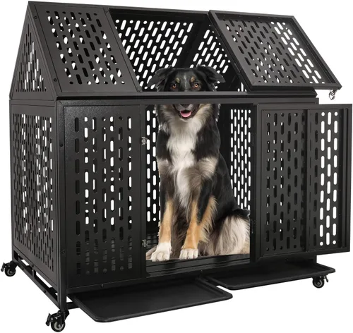 Vista 12 de Jaula indestructible para perros de 44 pulgadas, resistente a escapes, con techo puntiagudo para perros grandes y medianos de alta ansiedad, jaula