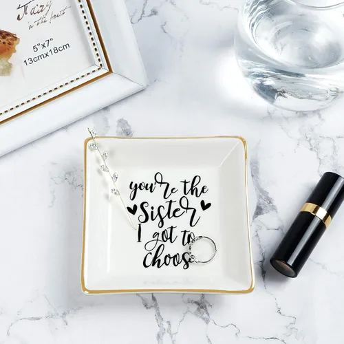 Vista 5 de Regalos para la mejor hermana para mujeres, plato de cerámica para anillos con texto en inglés "You Are the Sister I Got to Choice", bandeja