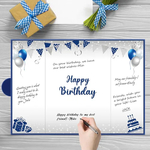 Vista 3 de Tarjeta decorativa grande de cumpleaños azul plateado para hombres y niños, libro de firmas, tarjetas gigantes, suministros de fiesta, libro