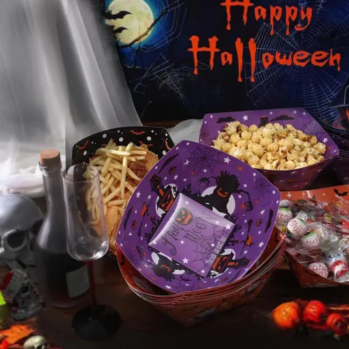 Vista 4 de 24 bandejas de papel de Halloween para alimentos, barcos de papel de Halloween, cuencos de papel de Halloween, bandejas de servir desechables