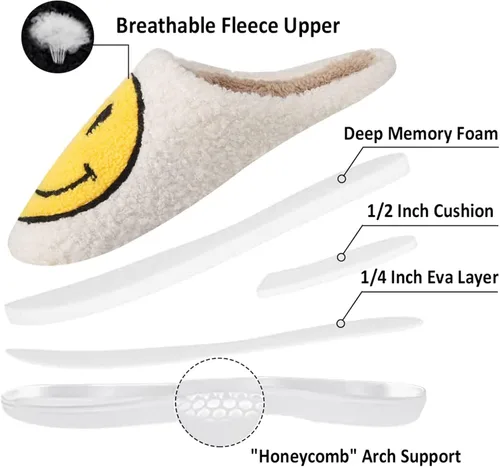 Vista 3 de kissxiaoya Pantuflas de cara sonriente para mujeres y hombres, pantuflas retro de felpa suave y ligera, pantuflas de casa para interiores