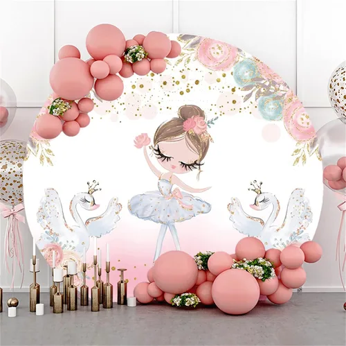 Vista 3 de Bonita cubierta redonda de telón de fondo de poliéster de 7.2 x 7.2 pies, elegante diseño de cisne para niña, baby shower, fiesta, fotografía, fondo