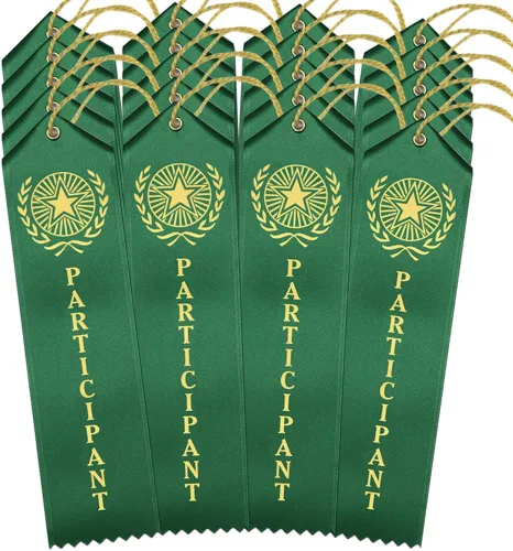 Vista 4 de RibbonsNow Cintas de premio Participant - 25 cintas verdes con tarjeta y cuerda