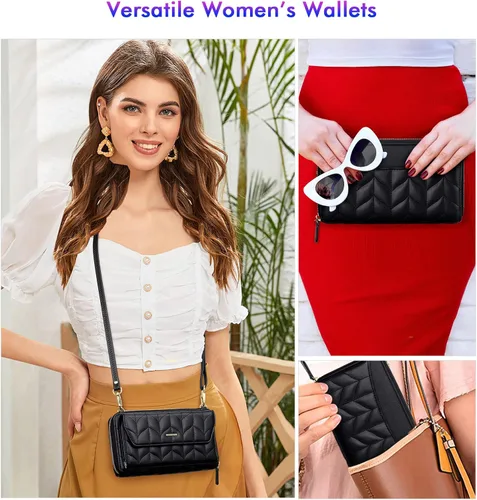 Vista 2 de nuoku Cartera RFID para mujer, bolso cruzado con cremallera alrededor de 2 correas