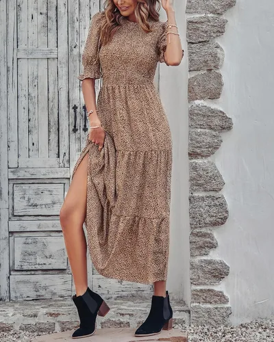 Vista 172 de BTFBM Vestidos para mujer, cuello redondo, casual, de verano, con volantes, manga corta, bohemio, con niveles, fruncido, largo, con estampado floral