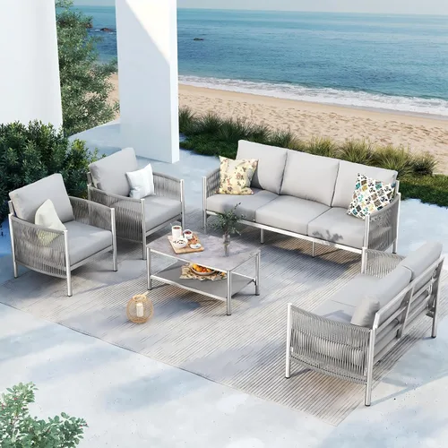 Vista 21 de Sofá de dos plazas de aluminio para patio exterior, sofá de patio de cuerda HDPE con cojín grueso lavable, muebles de patio para todo tipo de clima