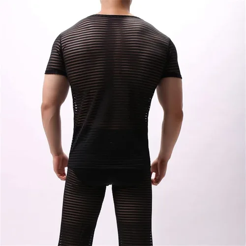 Vista 4 de Camisetas de verano transpirables de seda de hielo para hombre, de manga corta, para cultivar fitness, cuello redondo, blusa transparente