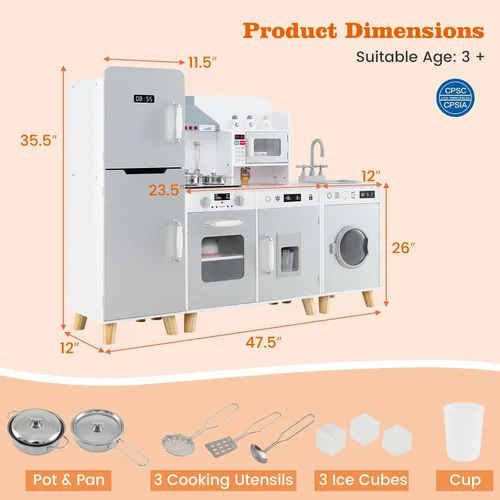 Vista 6 de Costzon Cocina de juego de 3 piezas para niños, juego de cocina de juguete de madera con refrigerador, lavadora, campana extractora, máquina