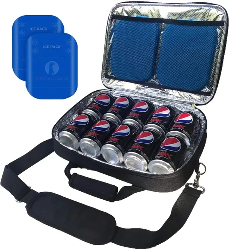Vista 8 de Red Suricata Hielera delgada aislada, ultrafina, plana, pequeña bolsa de almuerzo para 10 latas de bebidas, 2 paquetes de hielo reutilizables Negro