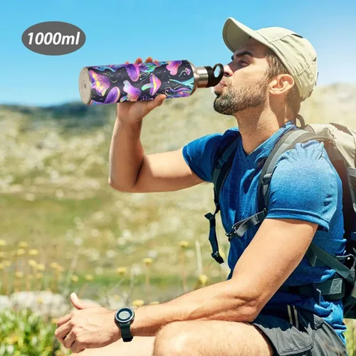 Vista 7 de Insulated Stainless Steel Water Bottle with Straw 32 Oz, Leakproof Water Bottles for Gym Outdoor Travel School, Psychedelic Mushrooms Purple