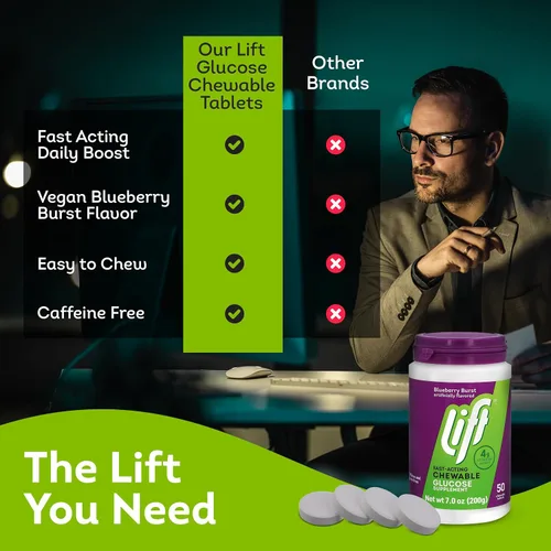 Vista 5 de Lift Glucosa, tabletas energéticas masticables de glucosa de acción rápida, arándano, tarro de 50 unidades (paquete de 1) Chewable glucose tablets
