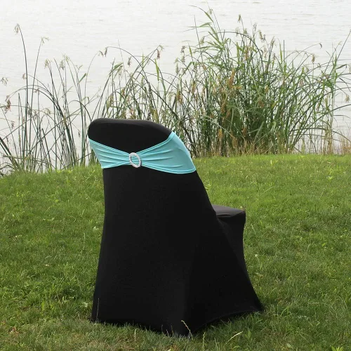Vista 4 de 10 bandas elásticas de elastano azul turquesa, mano de obra de doble costura, bandas para cubierta de silla con hebilla deslizante para boda
