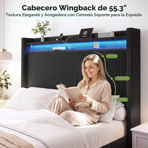 Vista 3 de Base de cama tamaño Queen con cabecera de 55.3 pulgadas de alto, tapizada