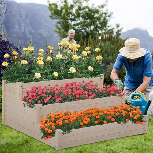 Vista 2 de FDW Jardinera elevada de 3 niveles para exteriores, jardinera de madera de 48 x 48 x 29 pies, con secciones divididas, base abierta para verduras